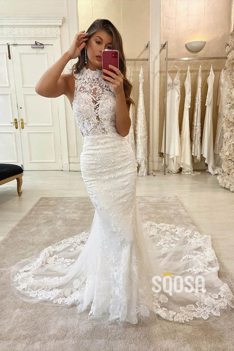 Mermaid Wedding Dress Chic High Neck Lace Wedding Gowns with Court Train QW0948 Custom Size / White Mermaid Wedding Dress Chic High Neck Lace Wedding Gowns with Court Train QW0948 Custom Size / White