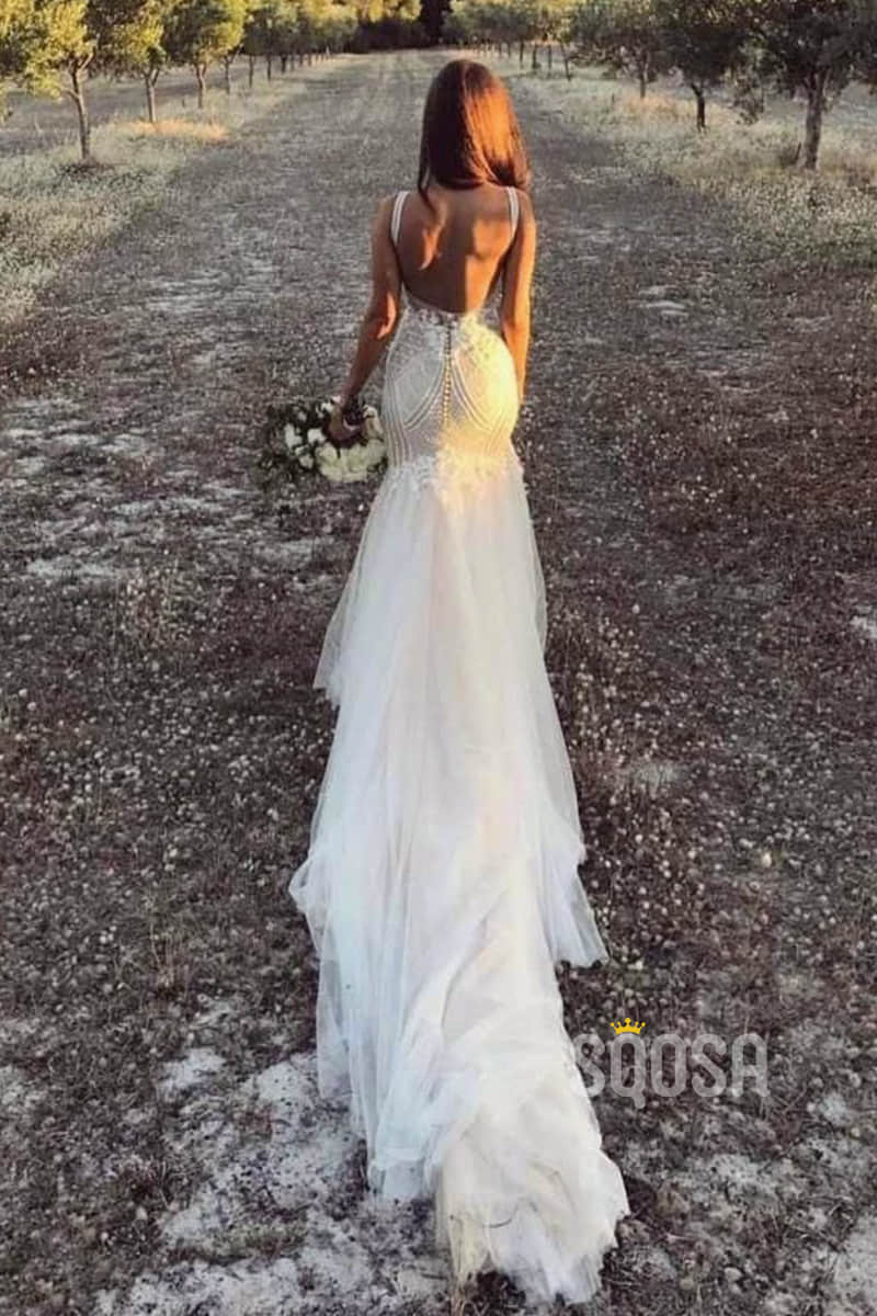 Mermaid/Trumpet Wedding Dress V-neck Lace Wedding Gowns Royal Train Bridal Gowns QW2085|SQOSA