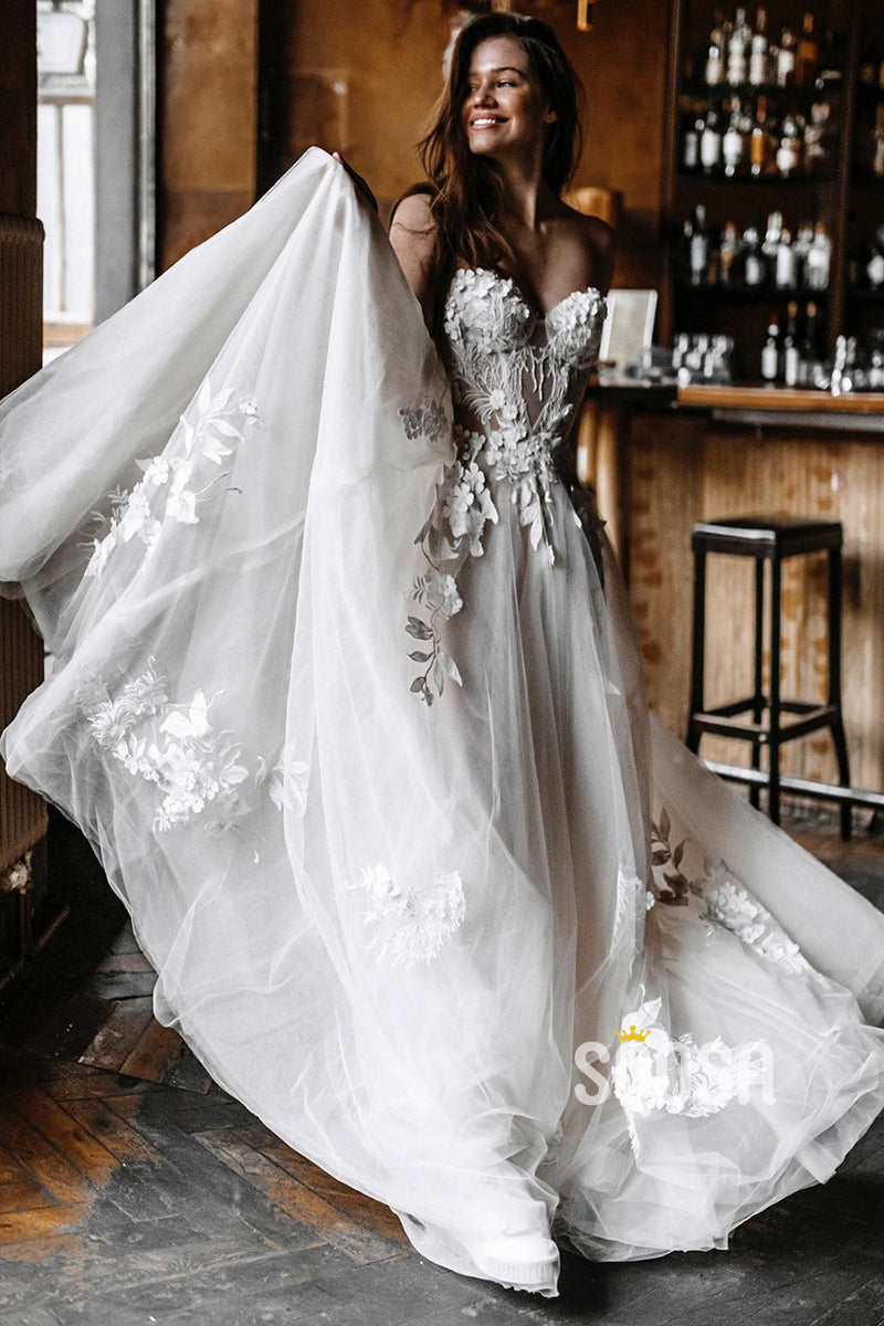 A-line Sweetheart Tulle Appliques Bohemian Wedding Dress QW2706|SQOSA