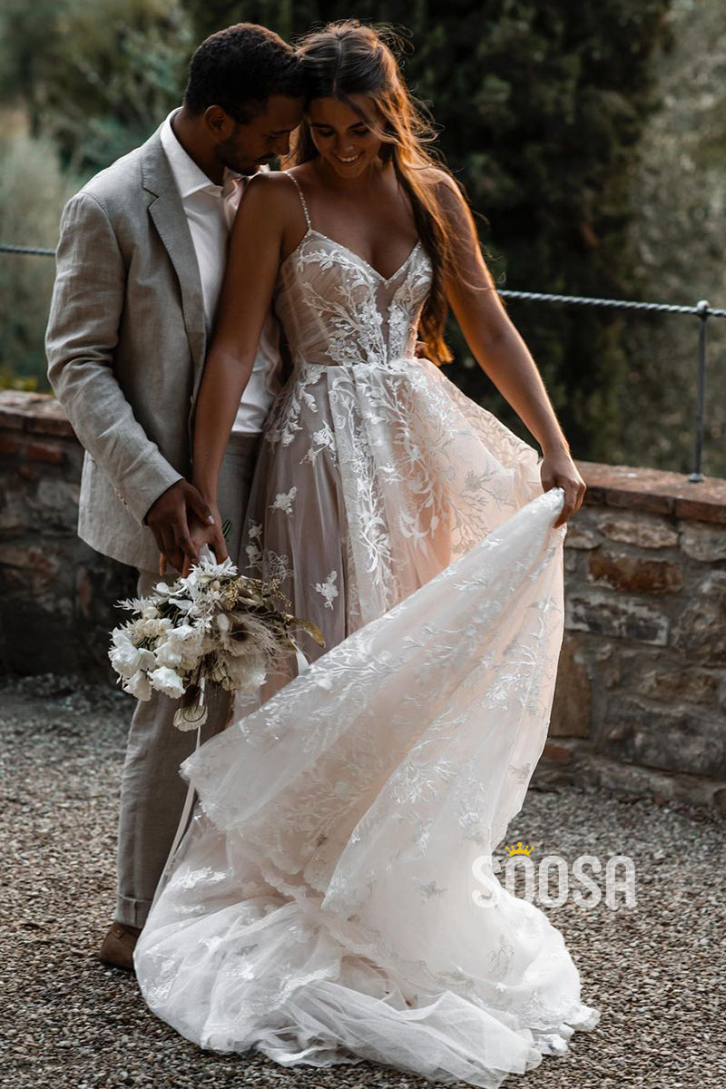 bohemian a line dress White Boho A-Line Lace Wedding Dress with Appliques, White / 12
