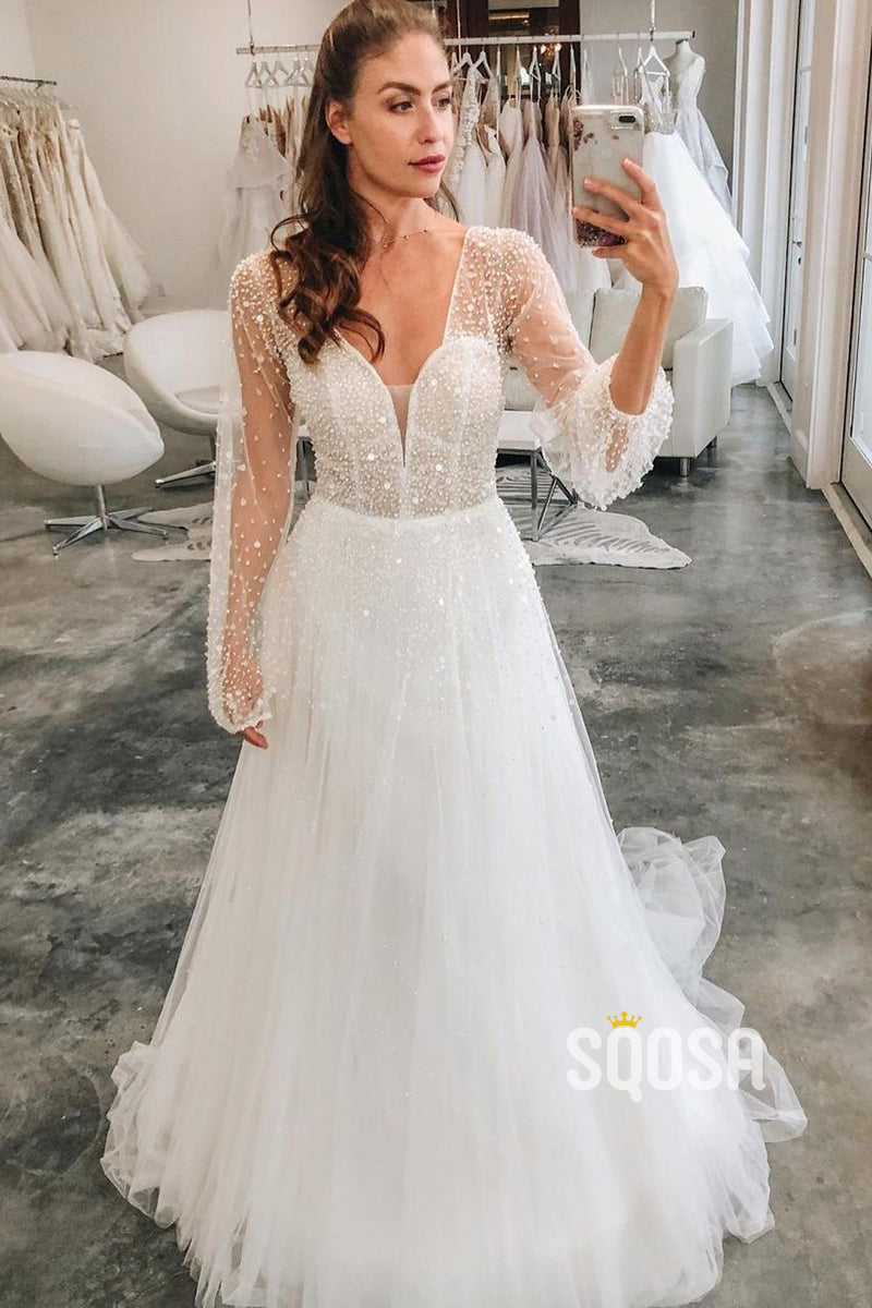 A-Line V-Neck Long Sleeves Sparkly Wedding Dress QW2672 US4 / Custom Color A-Line V-Neck Long Sleeves Sparkly Wedding Dress QW2672 US4 / Custom Color