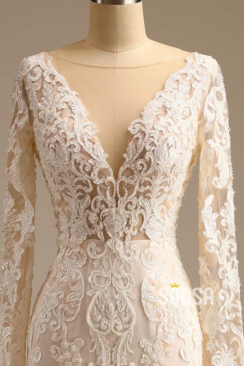 Plunging Illusion V-neck Exquisite Champagne Lace Wedding Dress Mermaid Gown QW2501|SQOSA