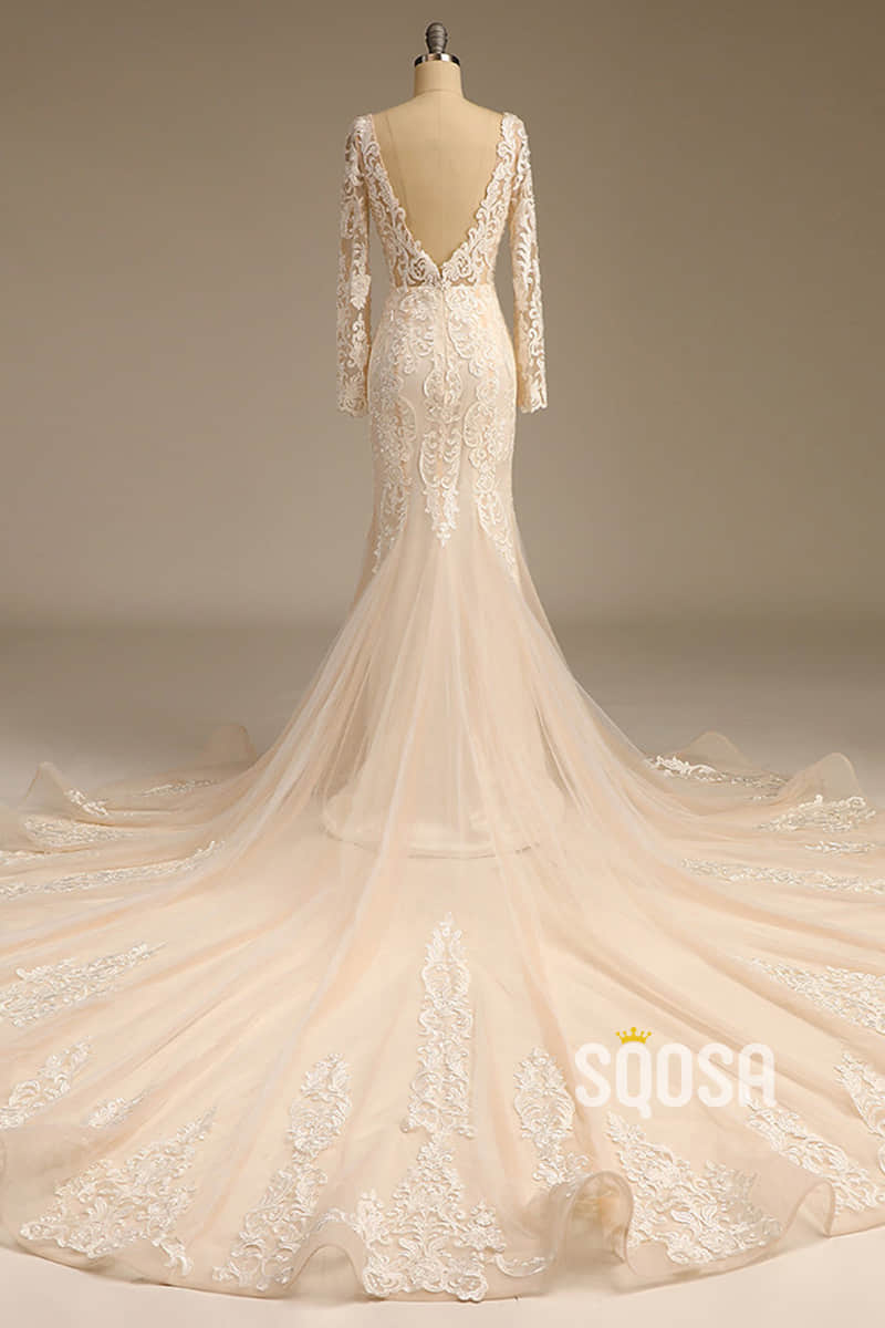 Plunging Illusion V-neck Exquisite Champagne Lace Wedding Dress Mermaid Gown QW2501|SQOSA