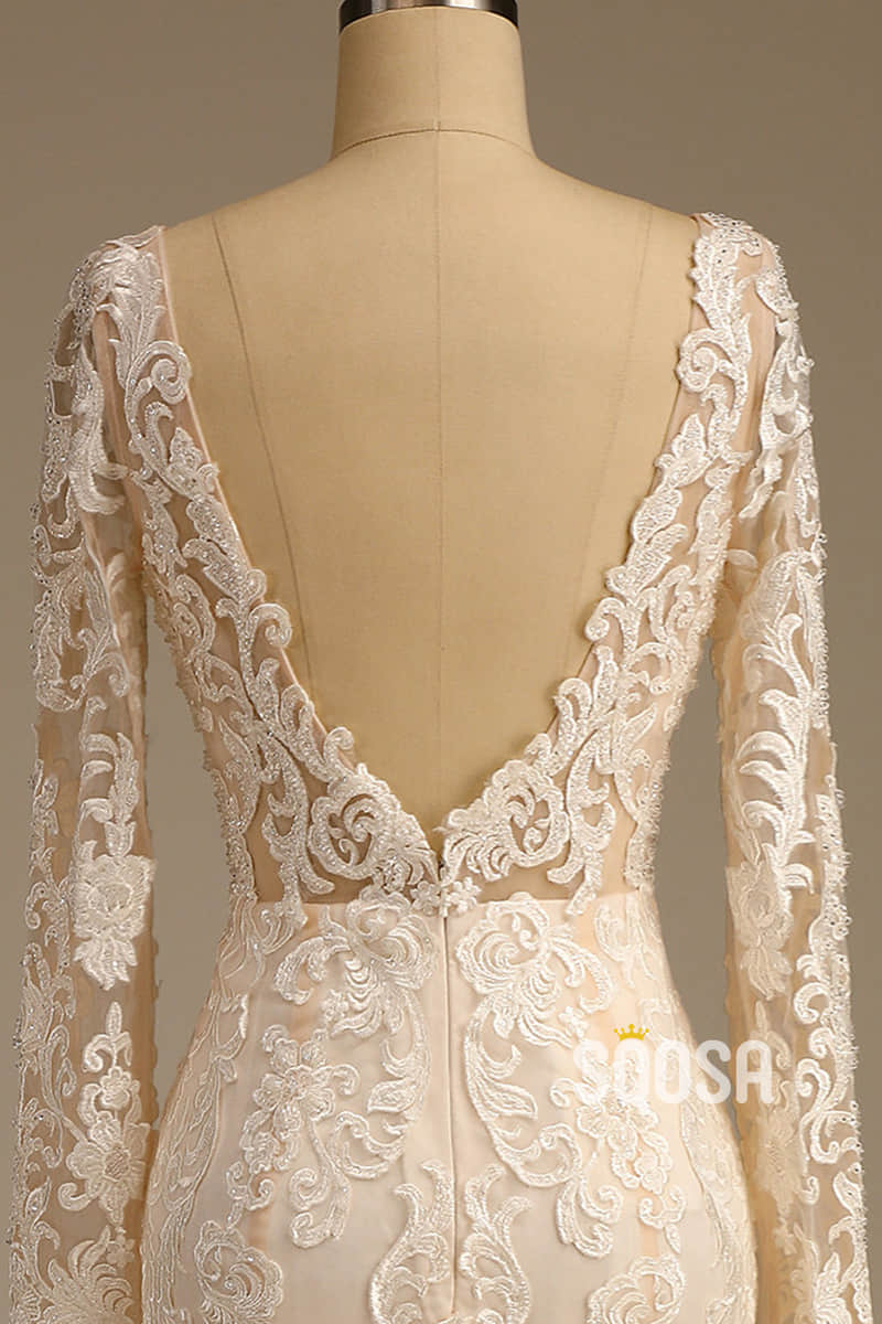 Plunging Illusion V-neck Exquisite Champagne Lace Wedding Dress Mermaid Gown QW2501|SQOSA