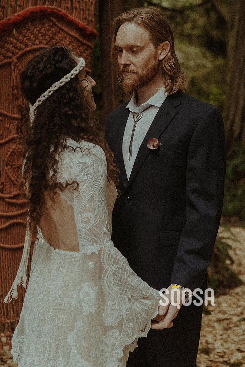 Unique Bateau Bat Sleeves Lace Bohemian Wedding Dress with Slit Bridal Dress QW2680|SQOSA