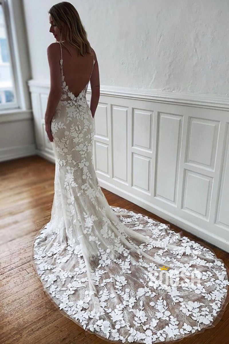 Vintage Embroidery Lace Mermaid Wedding Dress Bohemian Bridal Gown QW2700 US14 / White Vintage Embroidery Lace Mermaid Wedding Dress Bohemian Bridal Gown QW2700 US14 / White