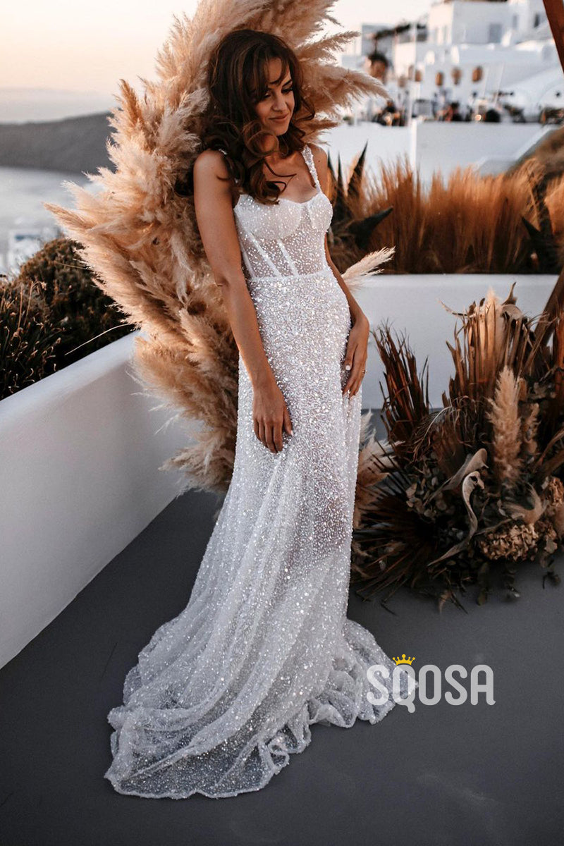 Sparkly A Line Sweetheart Sequins Wedding Dresses Diamond White / 14 Sparkly A Line Sweetheart Sequins Wedding Dresses Diamond White / 14