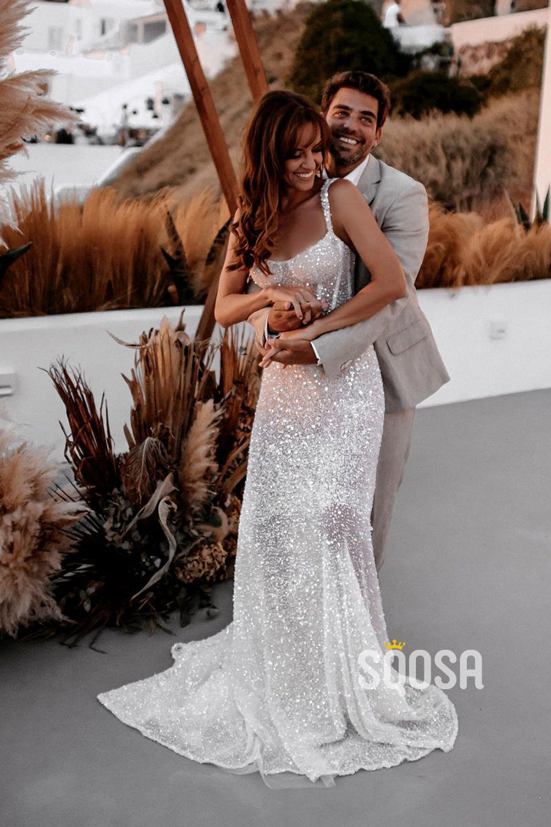 A-line Spaghetti Straps Sparkly Bohemian Wedding Dress QW2686|SQOSA