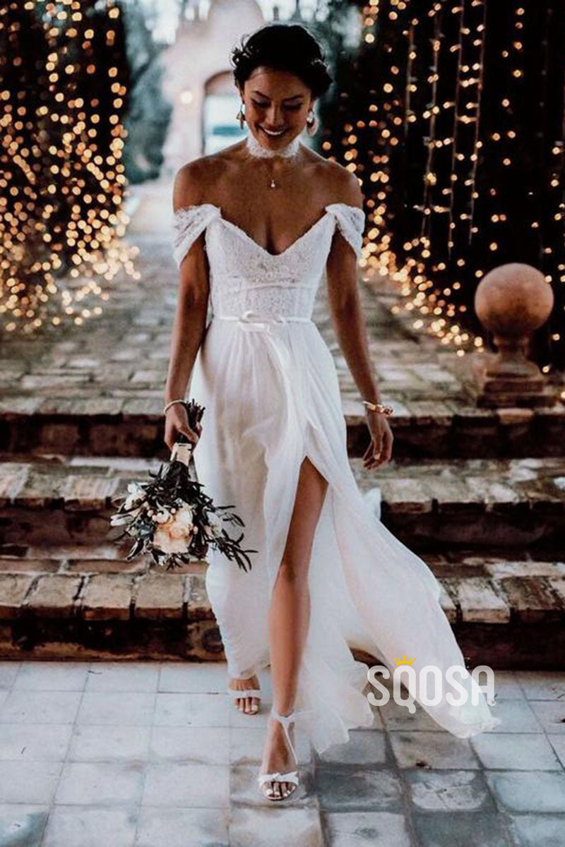 Off Shoulder Lace High Split Beach Wedding Dress QW0922 US4 / Custom Color Off Shoulder Lace High Split Beach Wedding Dress QW0922 US4 / Custom Color