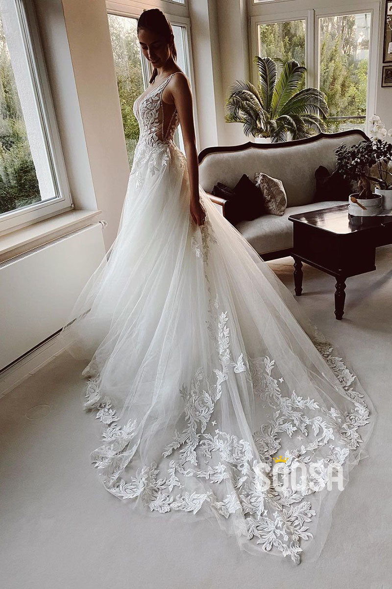 Plunging V-Neck Lace Applique A-line Rustic Wedding Dress Bridal Gown QW2114 US16 / Ivory Plunging V-Neck Lace Applique A-line Rustic Wedding Dress Bridal Gown QW2114 US16 / Ivory