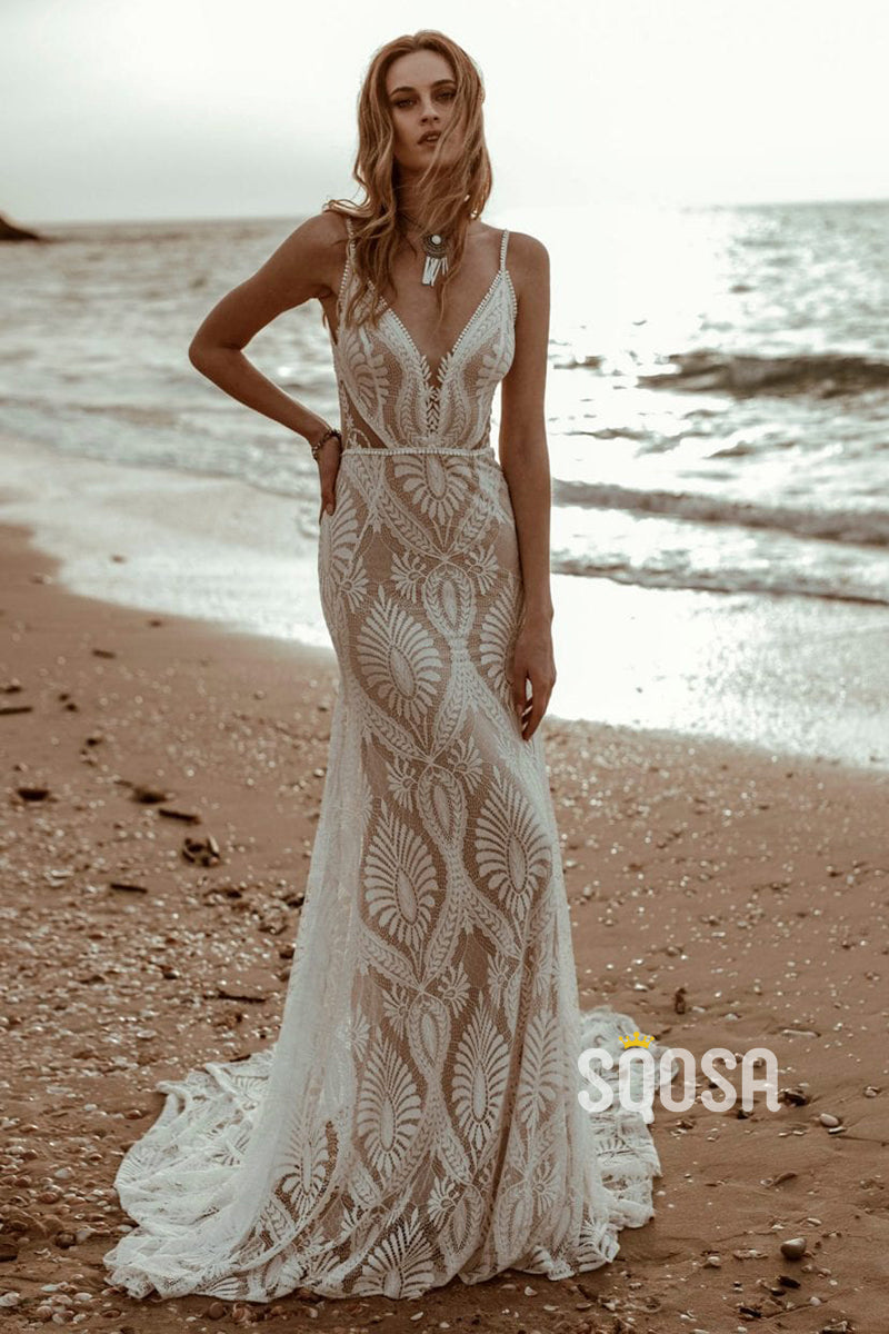 Plunging V-Neck Sheath Lace Bohemian Wedding Dress QW2135 Plunging V-Neck Sheath Lace Bohemian Wedding Dress QW2135