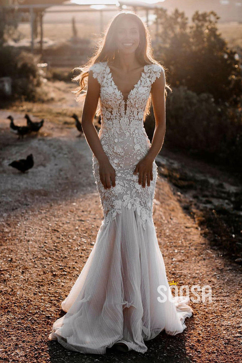 Plunging V-Neck Romantic Lace Wedding Dress Bohemian Mermaid Bridal Gown QW2162 Custom Color / US4 Plunging V-Neck Romantic Lace Wedding Dress Bohemian Mermaid Bridal Gown QW2162 Custom Color / US4