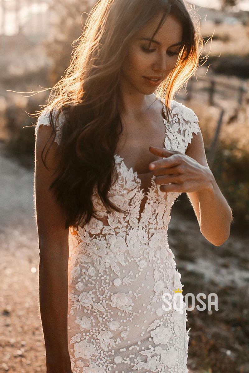 Plunging V-Neck Romantic Lace Wedding Dress Bohemian Mermaid Bridal Gown QW2162|SQOSA