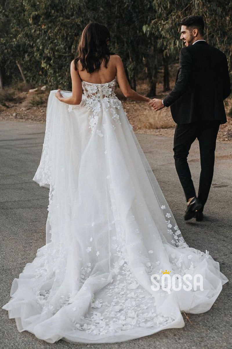 A-line Sweetheart Lace Appliques Rustic Wedding Dress with Sleeves QW2214|SQOSA