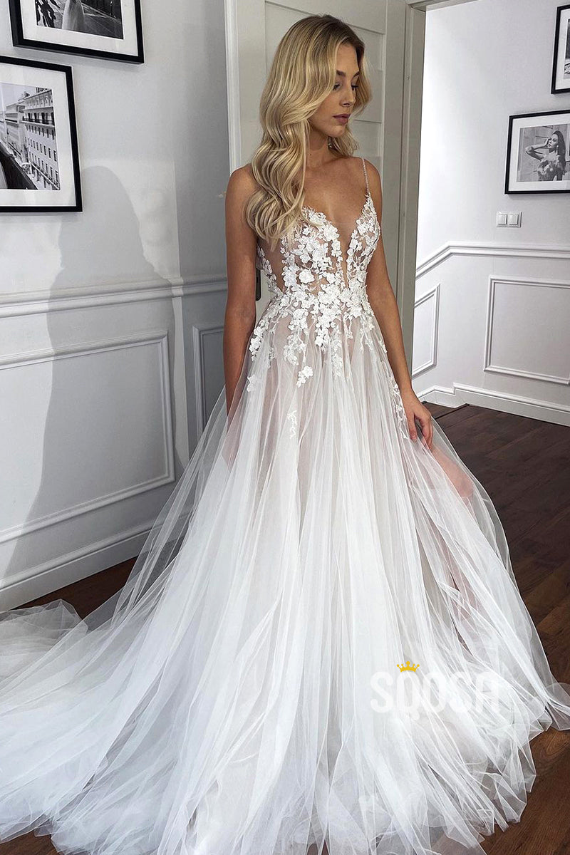 V-neck Satin Lace Simple Wedding Dresses A-line Spaghetti Strap