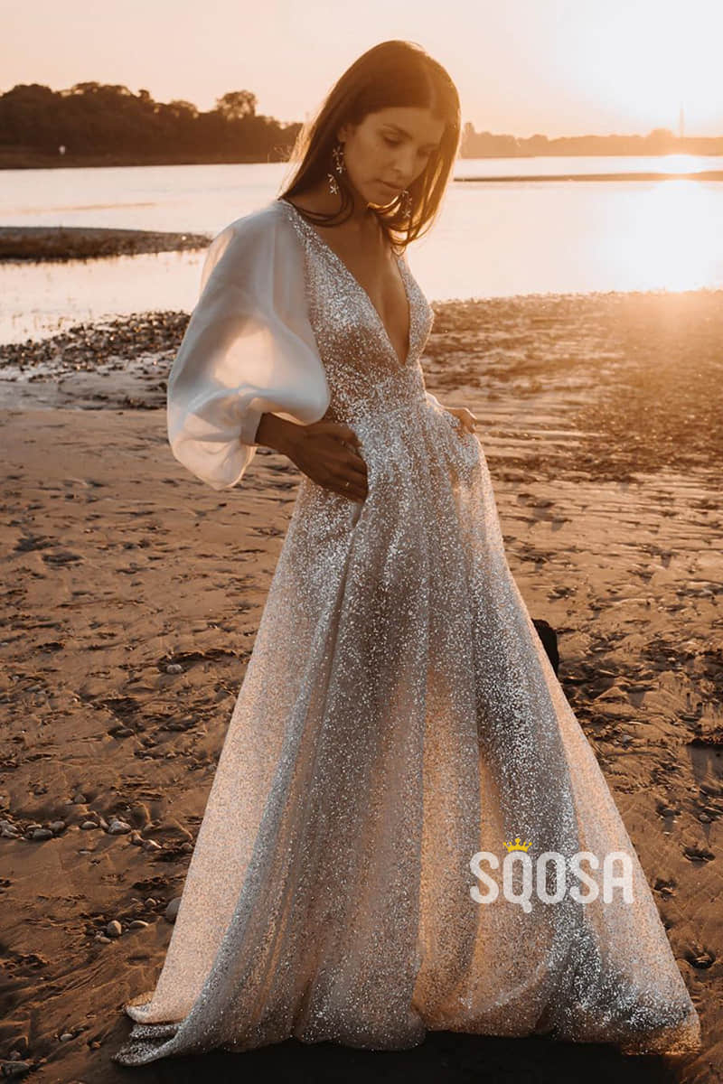 Attractive V-neck Bat Sleeves Sparkly Bohemian Wedding Dress QW2400|SQOSA