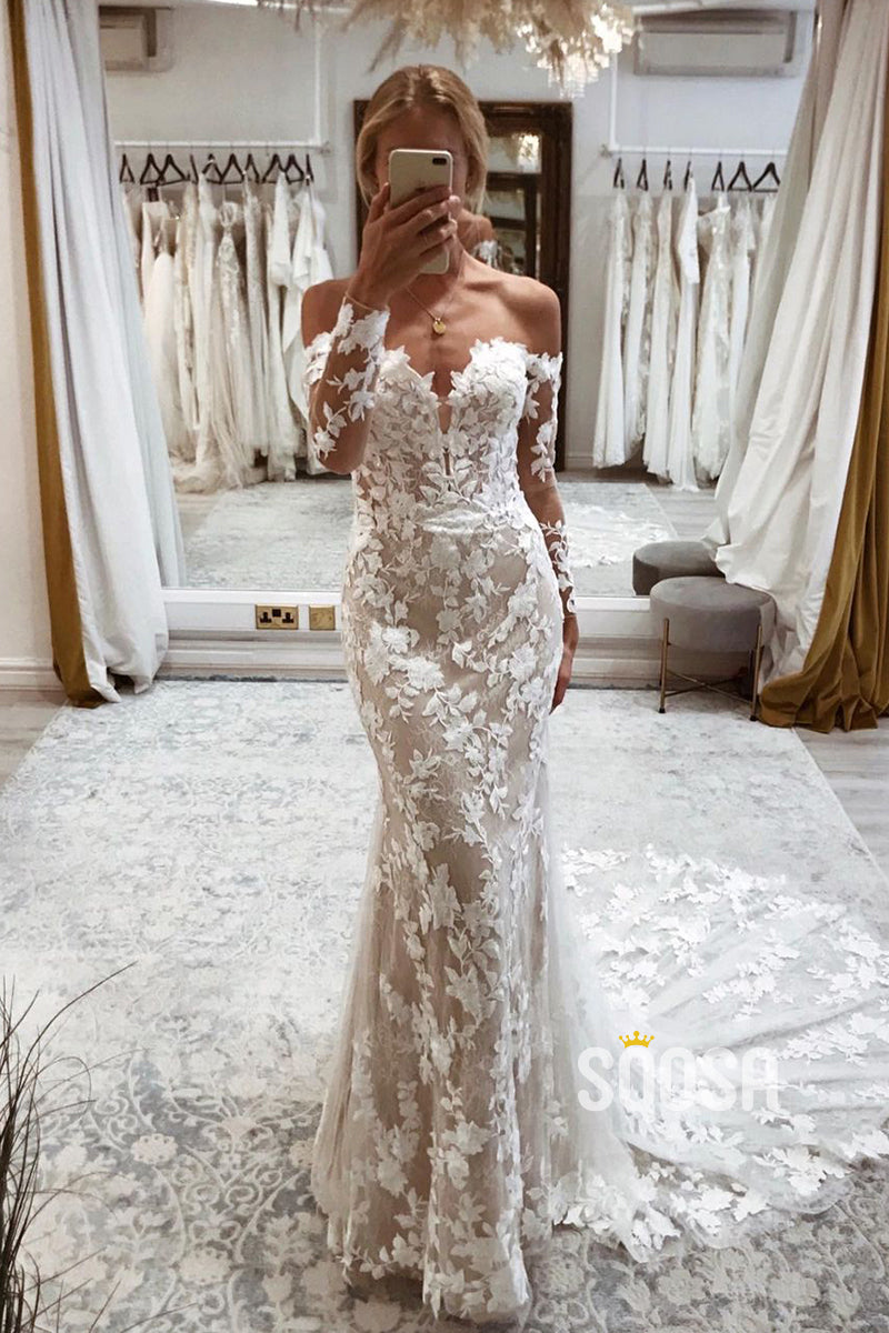 Off The Shoulder Long Sleeves Mermaid Wedding Dress Lace Bridal Gown QW2508 US16 / Custom Color Off The Shoulder Long Sleeves Mermaid Wedding Dress Lace Bridal Gown QW2508 US16 / Custom Color