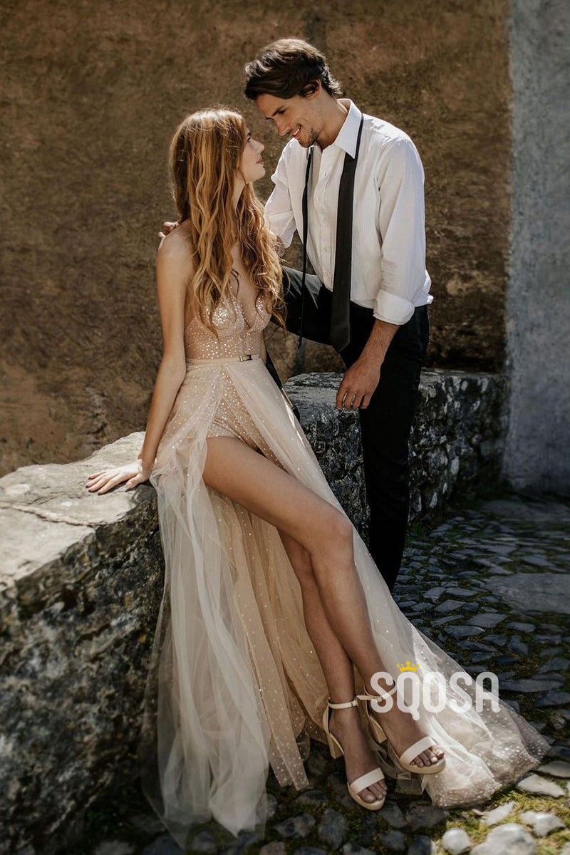 Illusion Neckline High Split Bohemian Wedding Dress QW2528|SQOSA