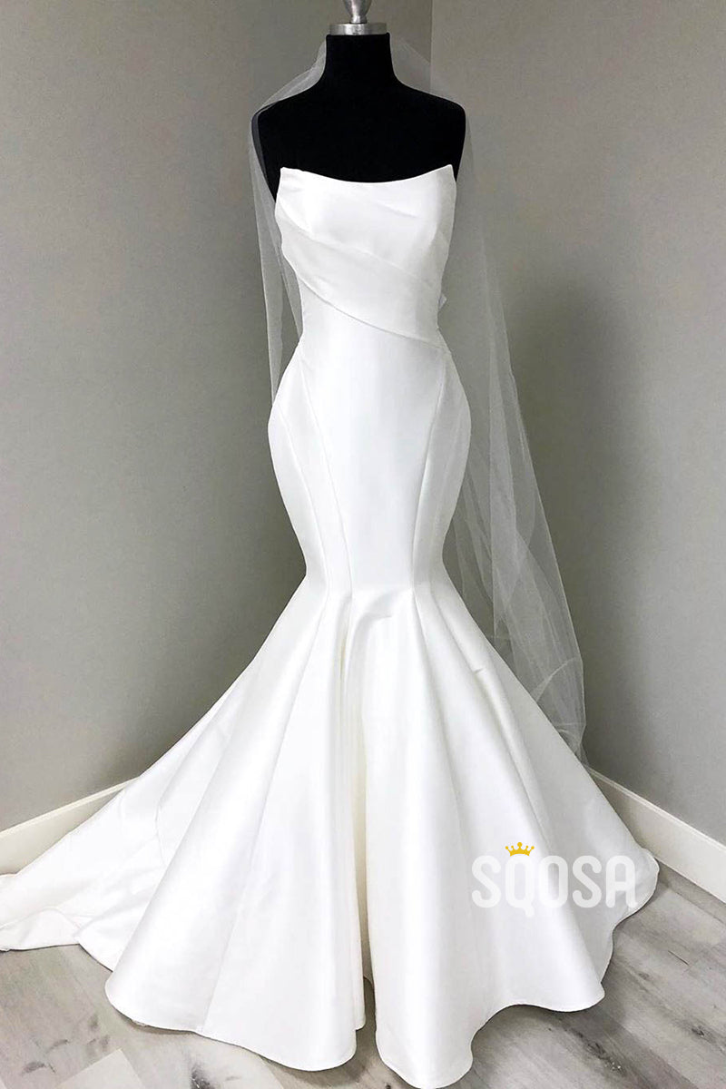 Halo, White Strapless Satin Long Mermaid Wedding Dress