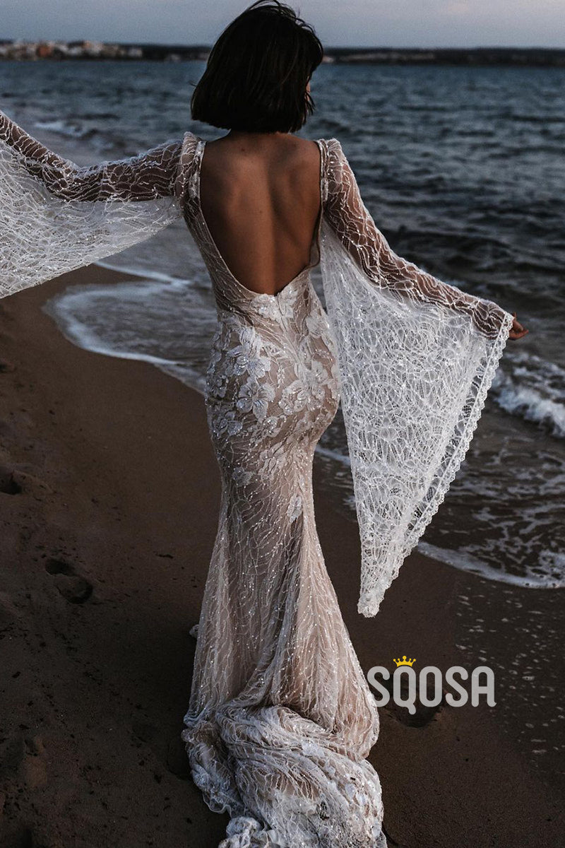 Plunging V-neck Bat Sleeves Lace Bohemian Wedding Dress QW2658|SQOSA