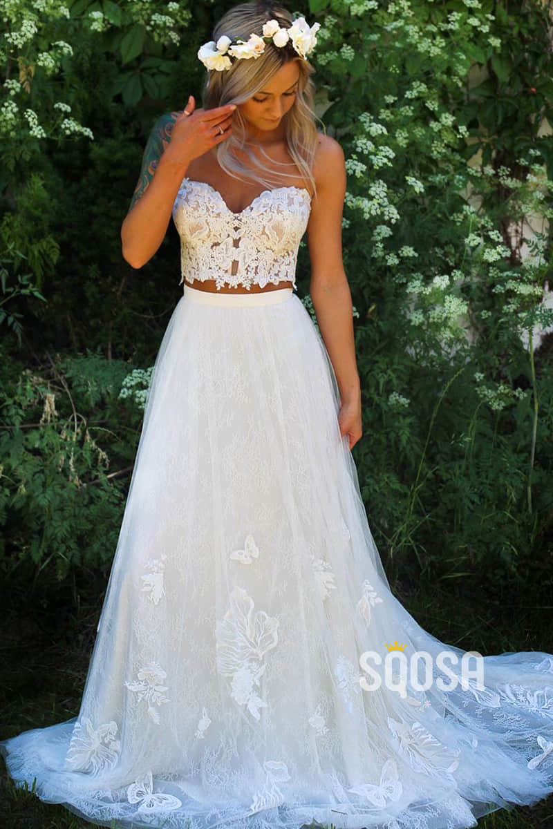 A-line Sweetheart Chic Appliques Two Piece Beach Wedding Dress QW2367 SQOSA A-line Sweetheart Chic Appliques Two Piece Beach Wedding Dress QW2367 SQOSA