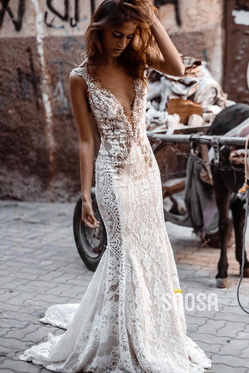 Attractive V-neck Exquisite Lace Beaded Bohemian Wedding Dress QW2428 US16 / As Picture Attractive V-neck Exquisite Lace Beaded Bohemian Wedding Dress QW2428 US16 / As Picture