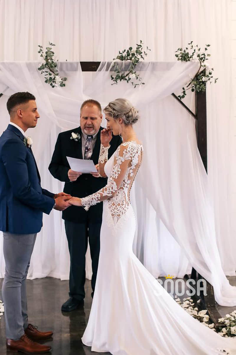 Mermaid Wedding Dress Chic Lace Appliques Long Sleeves Country Wedding Gown QW2453|SQOSA