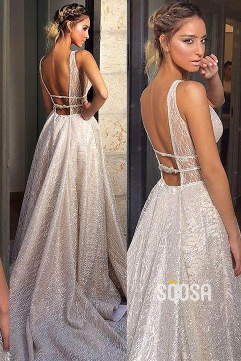 Attractive V-neck Sparkly A-line Wedding Dress QW2479|SQOSA
