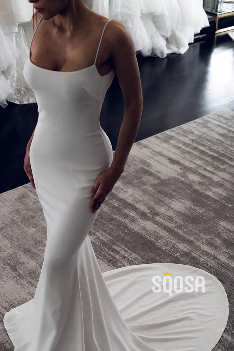 Unique Scoop Elastic Satin Simple Wedding Dress Open Backless US4 / Ivory Unique Scoop Elastic Satin Simple Wedding Dress Open Backless US4 / Ivory