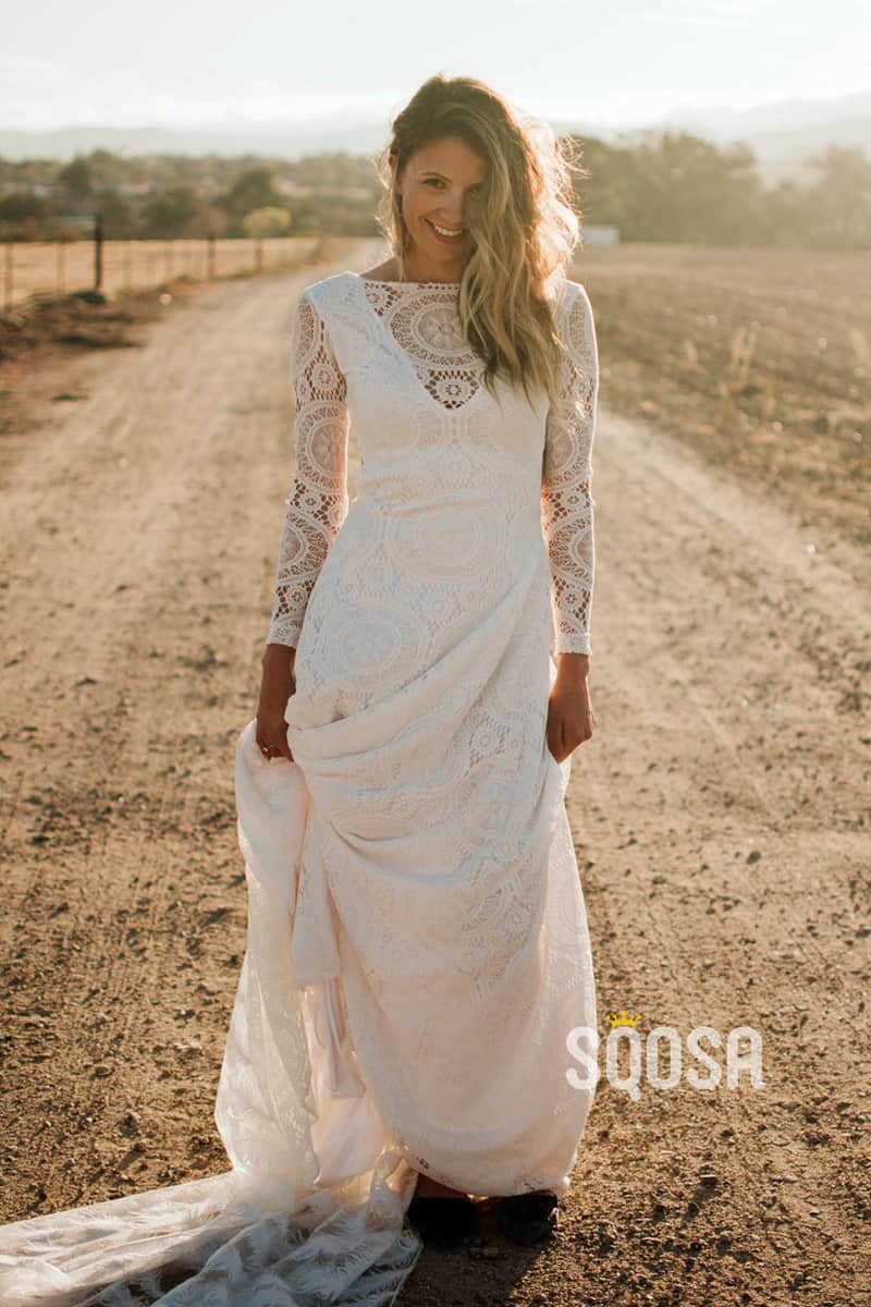 Ivory Exquisite Lace Long Sleeves Bohemian Wedding Dress Backless QW2486 US12 / White Ivory Exquisite Lace Long Sleeves Bohemian Wedding Dress Backless QW2486 US12 / White