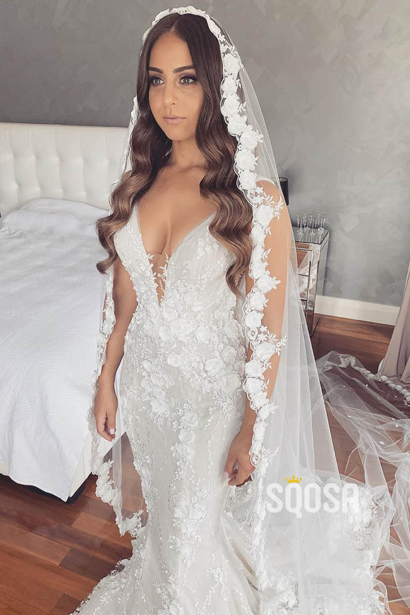 Attractive V-neck Ivory 3D Lace Mermaid Wedding Dress QW2497|SQOSA