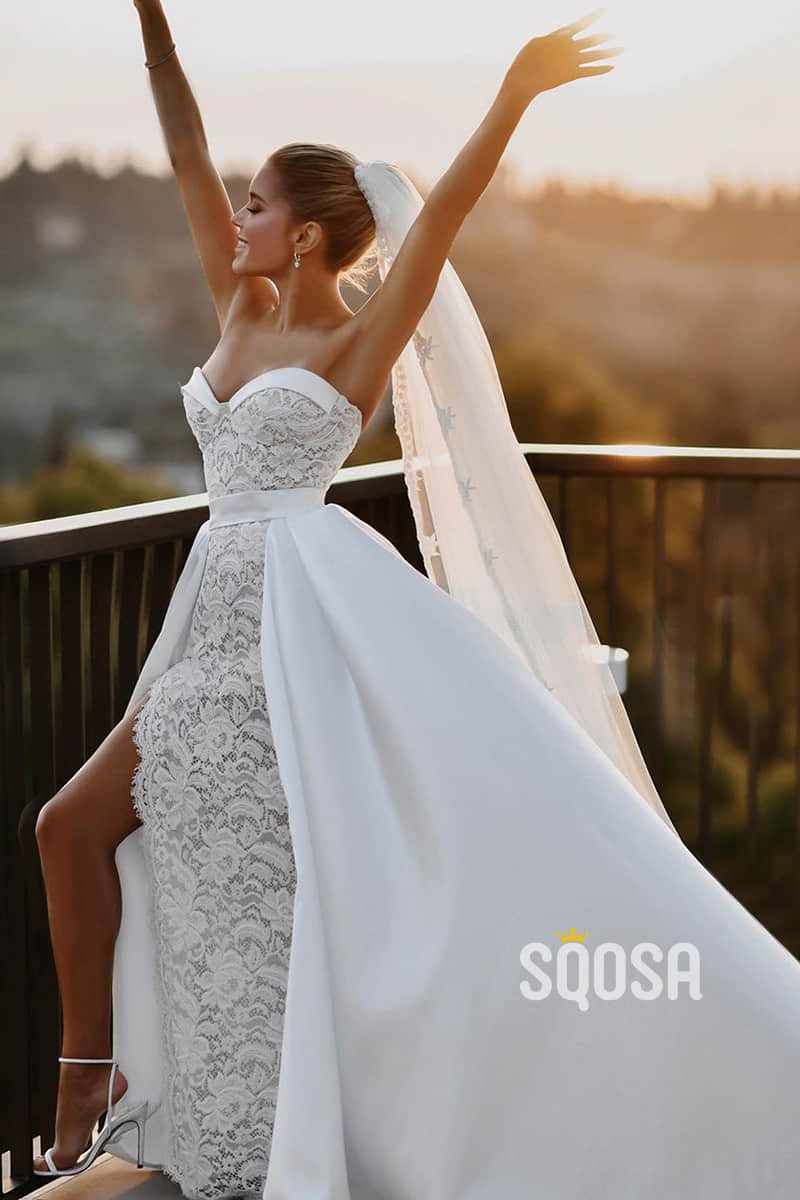 Sweetheart Exquisite Lace Wedding Dress with Slit Bohemian Wedding Gown QW2555 US4 / Custom Color Sweetheart Exquisite Lace Wedding Dress with Slit Bohemian Wedding Gown QW2555 US4 / Custom Color