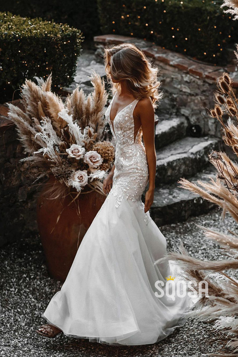 Mermaid Deep V Neck Bohemian Wedding Dress with 3D Embroidery US6 / Ivory Mermaid Deep V Neck Bohemian Wedding Dress with 3D Embroidery US6 / Ivory