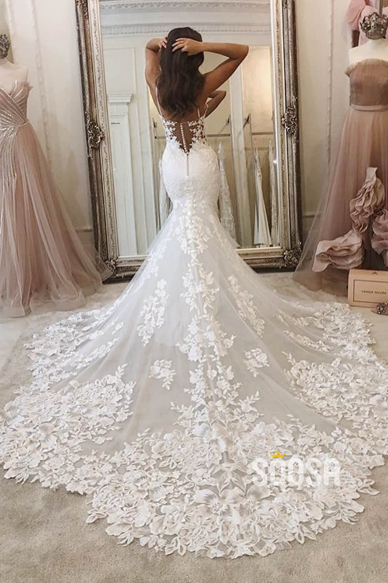Mermaid/Trumpet Spaghetti Straps Lace Appliques Rustic Wedding Dress Bridal Gown QW2240|SQOSA