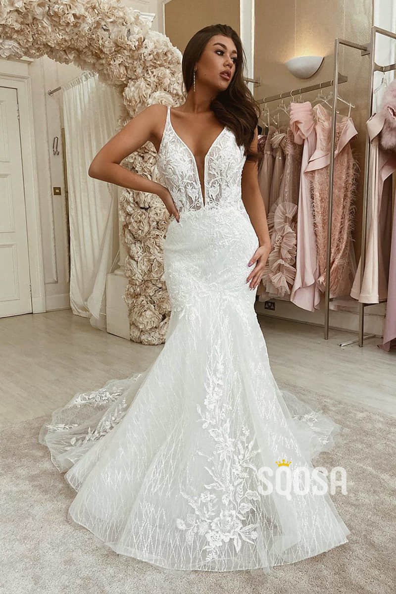 Mermaid/Trumpet Wedding Dress Attractive V-Neck Appliques Lace Wedding Gown QW2241 Custom Size / Ivory Mermaid/Trumpet Wedding Dress Attractive V-Neck Appliques Lace Wedding Gown QW2241 Custom Size / Ivory