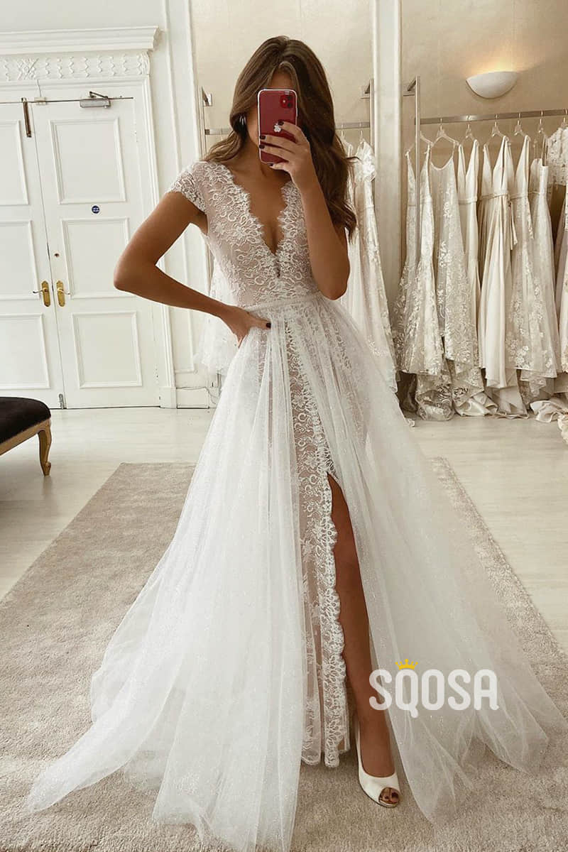 Unique Off-the-Shoulder Lace Wedding Dress Ivory Long Sleeves Bohemian –  SQOSA