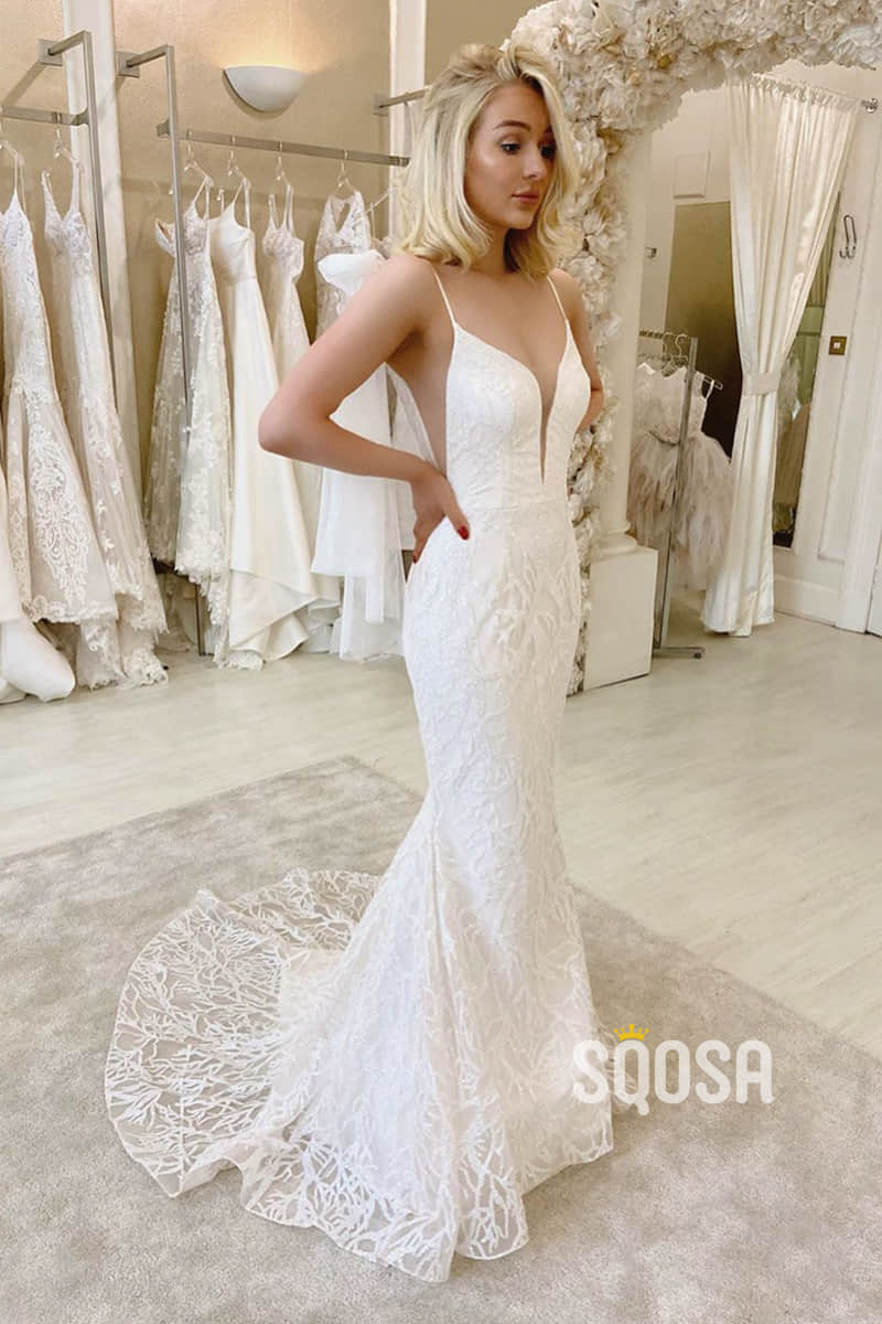 Mermaid/Trumpet Wedding Dress Spaghetti Straps V-neck Lace Wedding Gown QW2243 Custom Size / As Picture Mermaid/Trumpet Wedding Dress Spaghetti Straps V-neck Lace Wedding Gown QW2243 Custom Size / As Picture