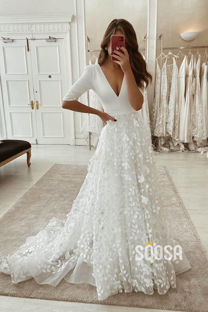 Elegant See Through 3/4 Sleeve Backless Lace and Chiffon Rustic Weddin –  Musebridals