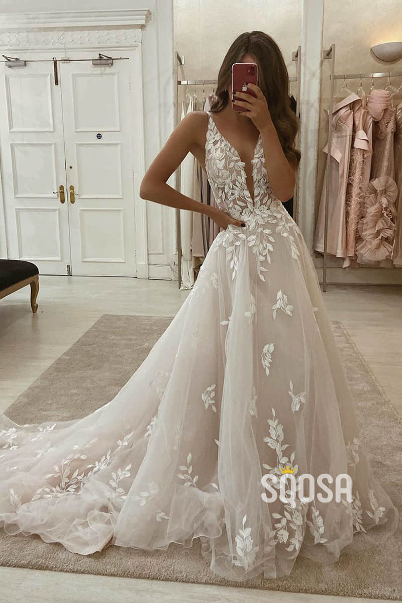 rustic bridal dresses A-line Attractive V-neck Lace Appliques Rustic Wedding Dress Bridal Gown QW2250 Custom Size / Ivory