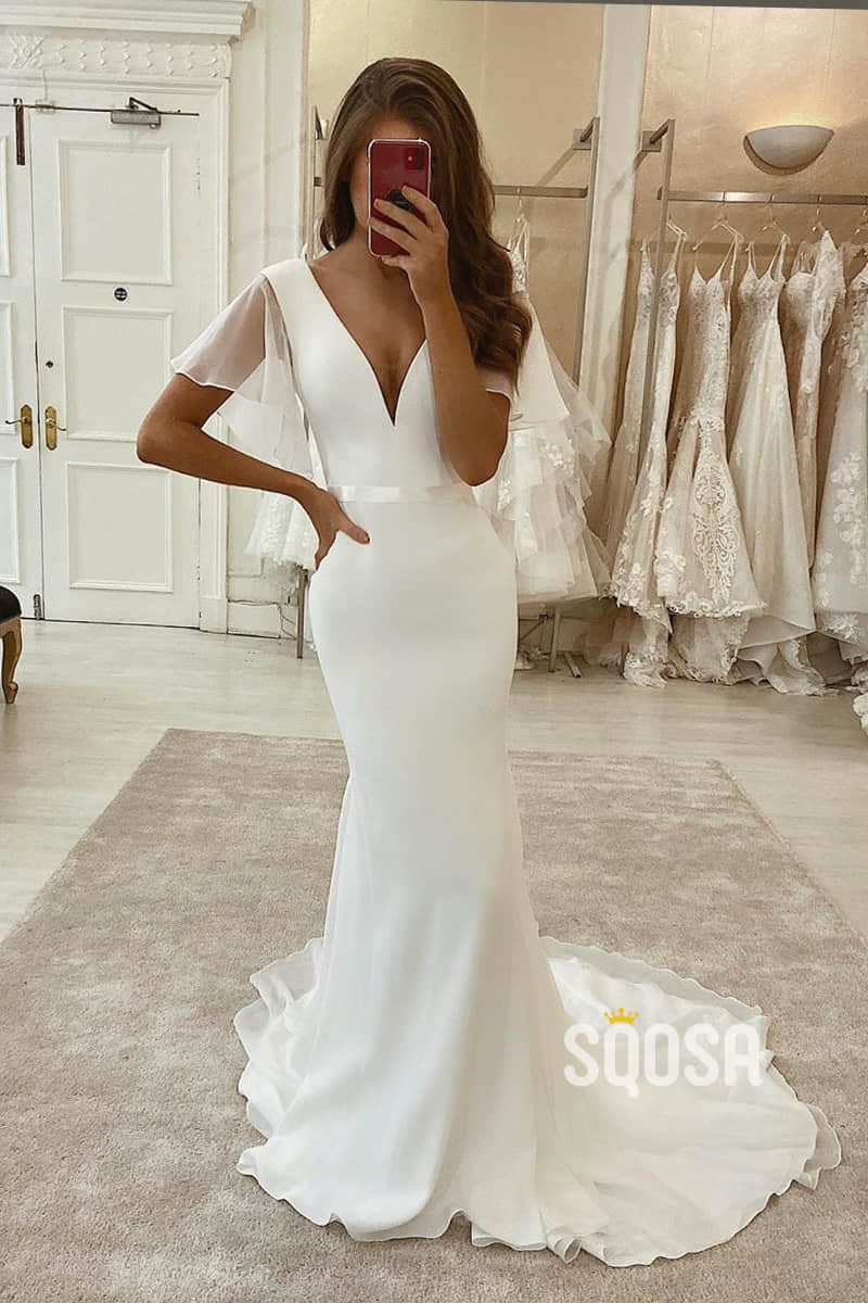 Mermaid/Trumpet Attractive V-neck Short Sleeves Rustic Wedding Dress Bridal Gown QW2256 Custom Size / White Mermaid/Trumpet Attractive V-neck Short Sleeves Rustic Wedding Dress Bridal Gown QW2256 Custom Size / White