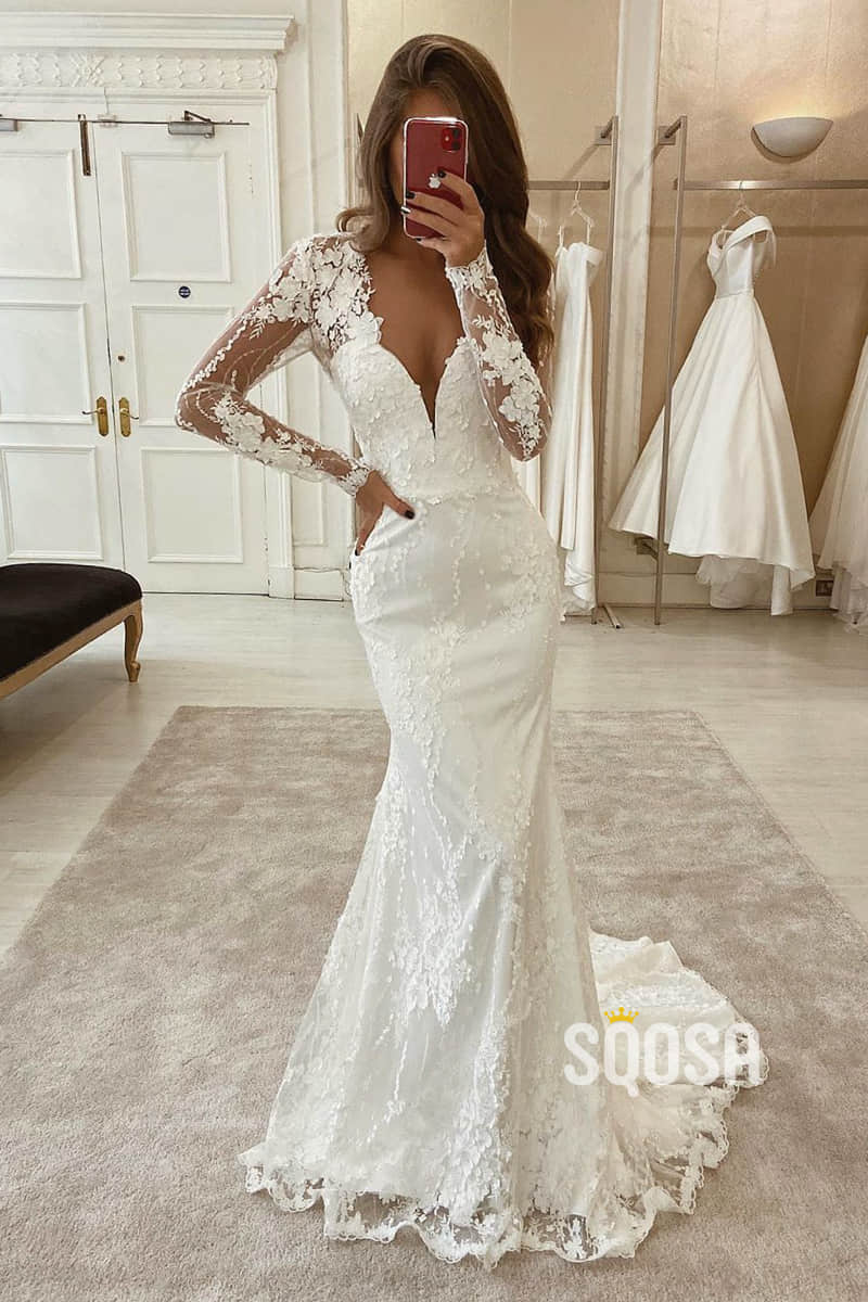 Mermaid/Trumpet Wedding Dress V-neck Illusion Long Sleeves Lace Wedding Gown QW2257 US4 / White Mermaid/Trumpet Wedding Dress V-neck Illusion Long Sleeves Lace Wedding Gown QW2257 US4 / White