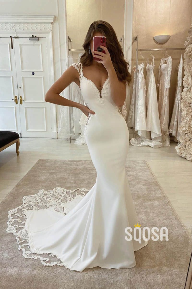 Mermaid/Trumpet Wedding Dress Cap Sleeves Bohemian Wedding Gowns QW227 –  SQOSA