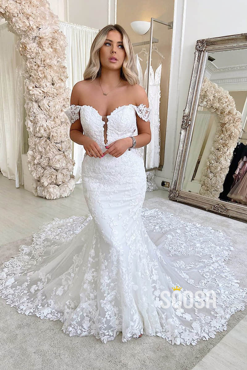 Mermaid/Trumpet Wedding Dress Chic Off-Shoulder Lace Wedding Gowns QW2296 US14 / Ivory Mermaid/Trumpet Wedding Dress Chic Off-Shoulder Lace Wedding Gowns QW2296 US14 / Ivory