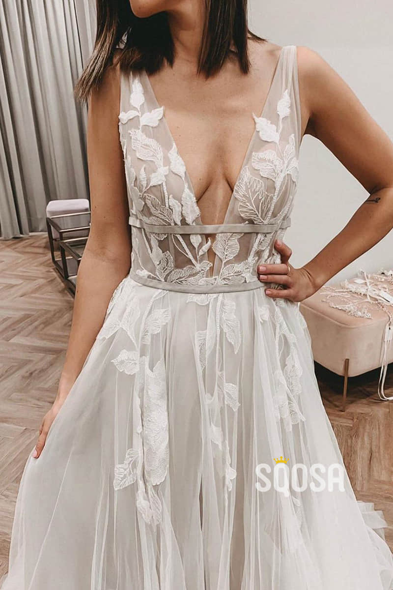 A-line Attractive V-neck Appliques Bohemian Wedding Dress QW2305|SQOSA