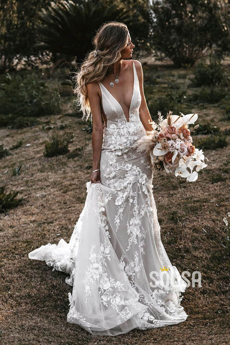 Bohemian Mermaid Wedding Dress Flower Appliques V Neck Bridal Gown US12 / White Bohemian Mermaid Wedding Dress Flower Appliques V Neck Bridal Gown US12 / White
