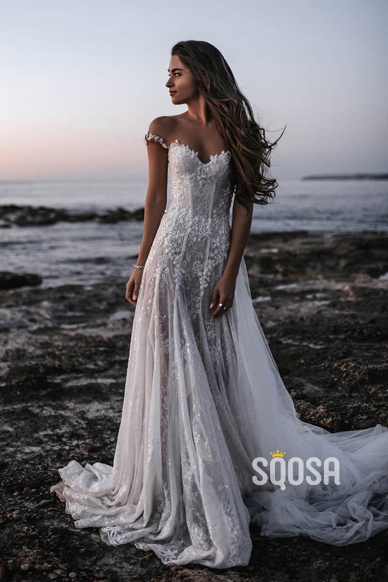 A-line Illusion Neckline Lace Bohemian Wedding Dress QW2321 US10 / Ivory A-line Illusion Neckline Lace Bohemian Wedding Dress QW2321 US10 / Ivory
