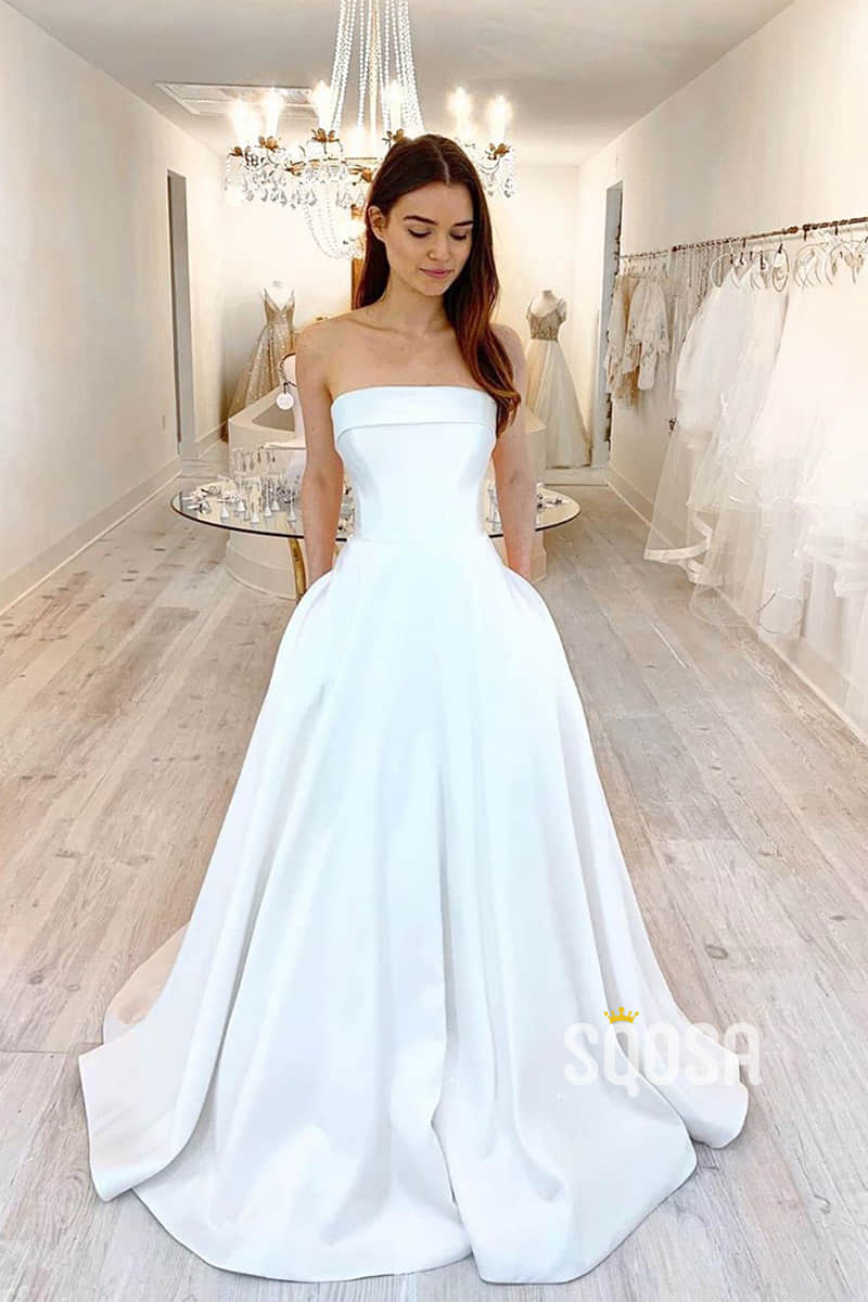 A-line Strapless Ivory Satin Rustic Wedding Dress with Pockets
