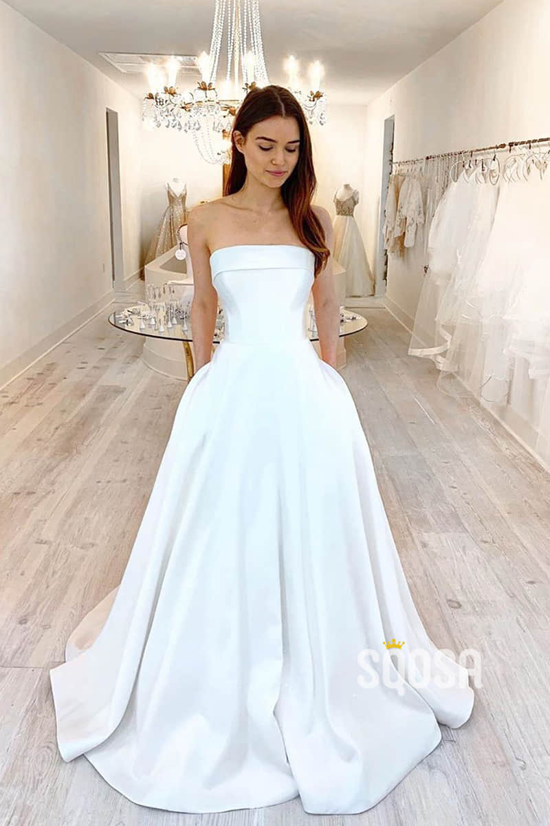 A-Line Strapless Ivory Satin Rustic Wedding Dress with Pockets QW2331 US2 / Custom Color A-Line Strapless Ivory Satin Rustic Wedding Dress with Pockets QW2331 US2 / Custom Color