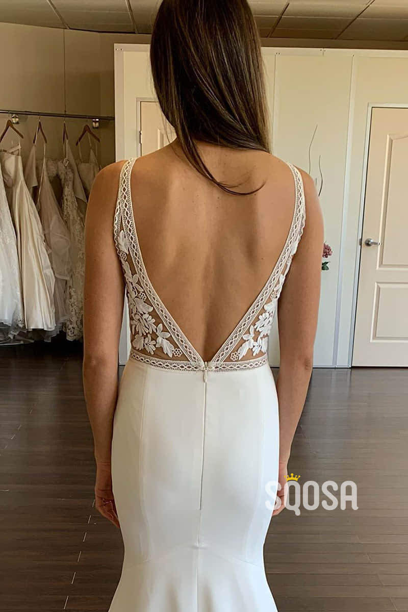 Attractive V-neck Unique Appliques Bohemian Wedding Dress QW2342|SQOSA