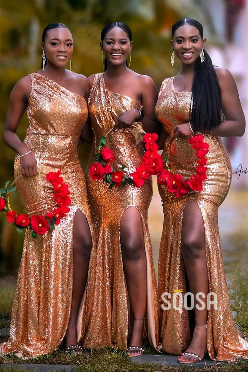 One Shoulder Gold Sequins Side Slit Black Bridesmaid Dress QB3025 – SQOSA